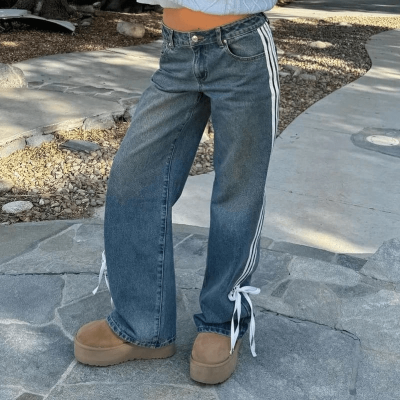 Jean large avec rayures sportives - Taille haute, décontracté-Women Pants-Marais Paris-Marais Paris