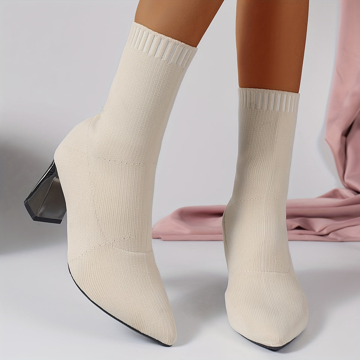 Bottines Femme Tricotées Talon Bloc Géométrique Élégantes-Marais Paris-Marais Paris