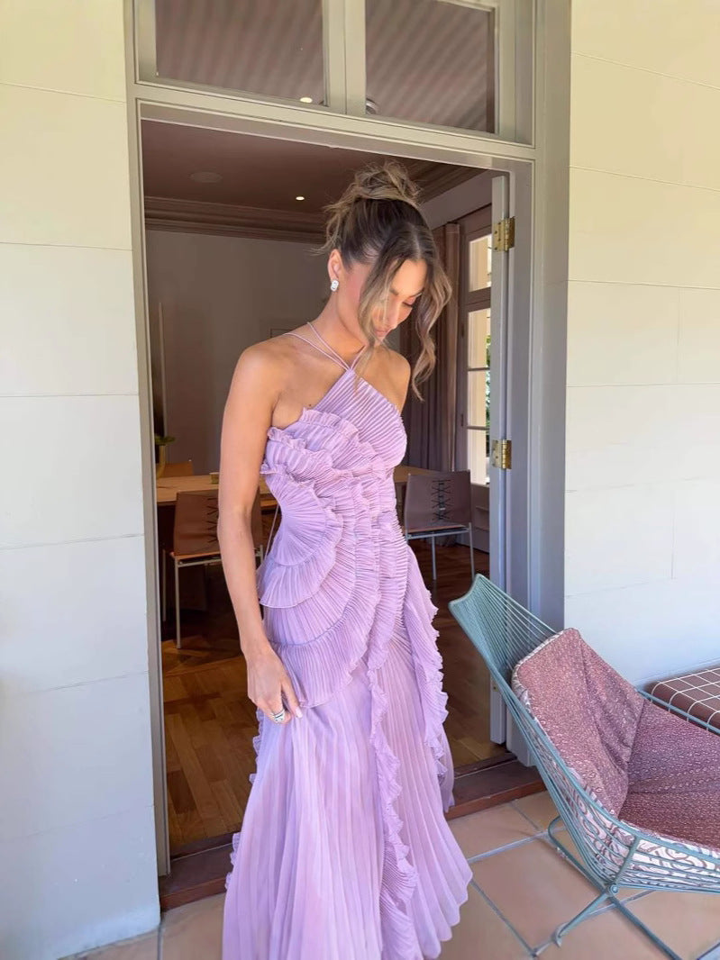 Robe Plissée Halter Femme avec Volants – Tenue de Soirée Formelle Élégante-83561-02a20977-ea14-4c4a-a51b-7a81933741e2