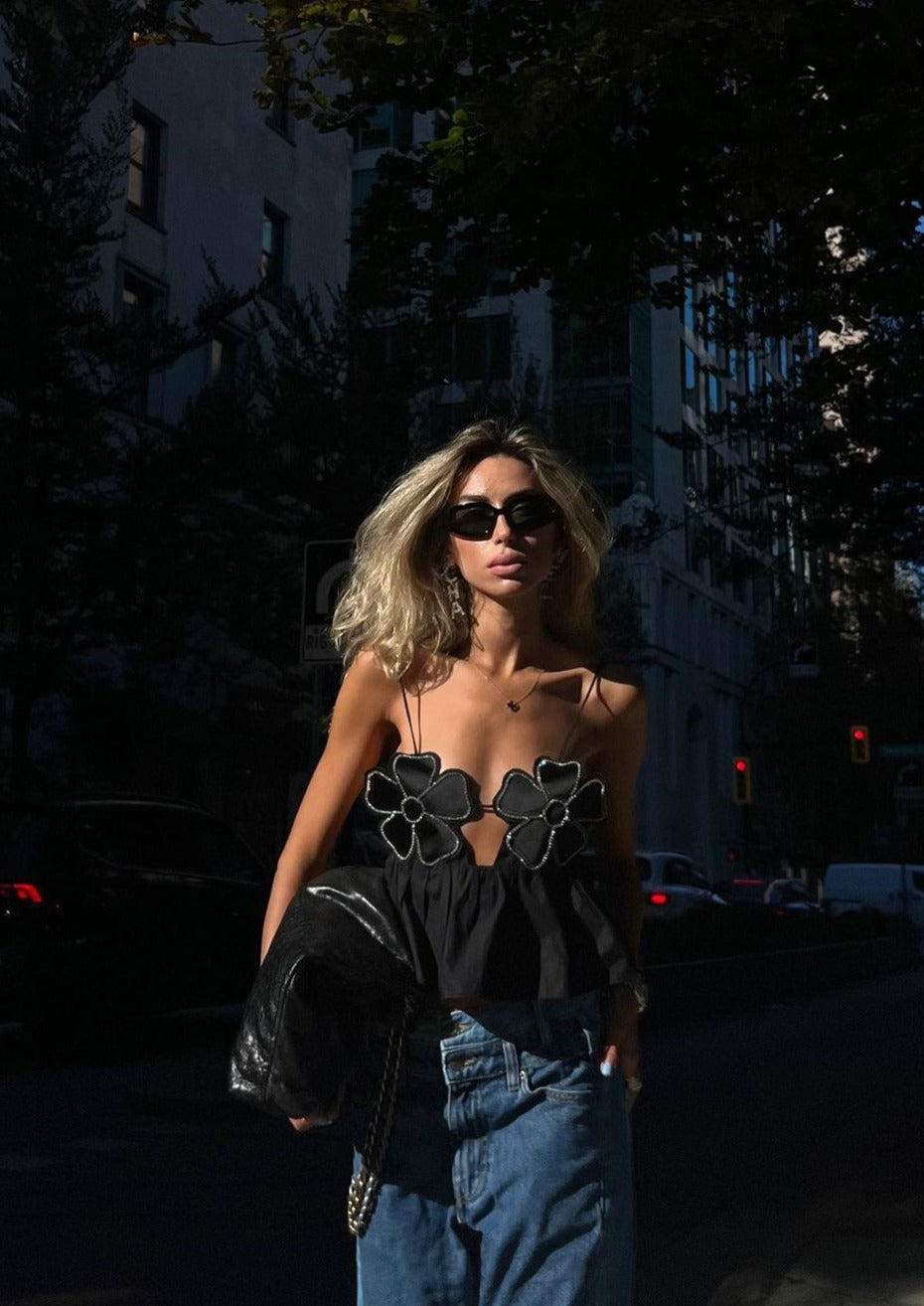 Haut Peplum Fleuri - Bretelles Spaghetti, Ornements Strass-Marais Paris-Marais Paris