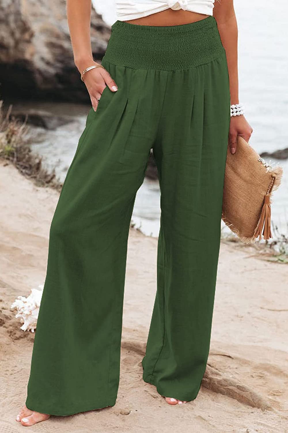Pantalon Fluide Femme Taille Haute Jambes Larges Poches-Pants-Marais Paris-Vert-S-Marais Paris