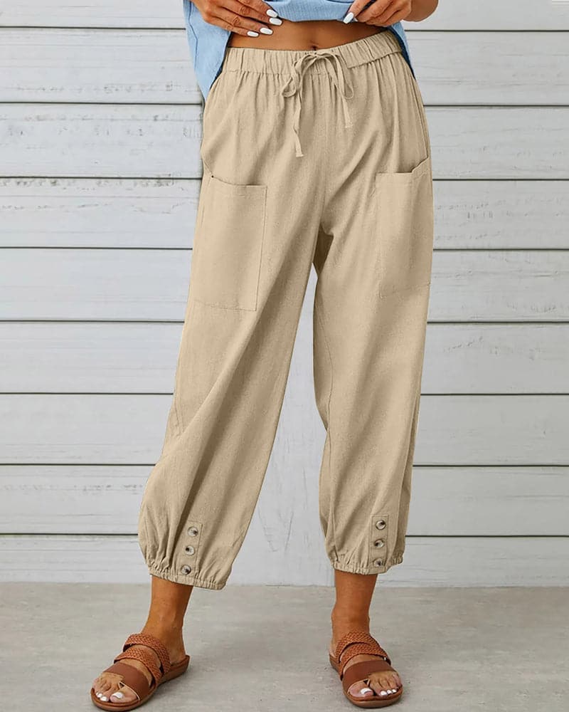 Marais Paris Women's Pants – Drawstring Waist, Ankle Button Detail, Front Pockets-83253-079cc2dc-e2ae-4616-8645-34b9535e7e2e
