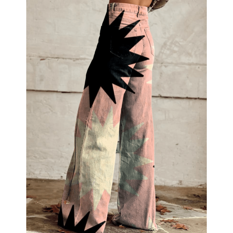 Marais Paris Jeans Large à Motifs Géométriques - Taille Haute-Women Pants-Marais Paris-Marais Paris