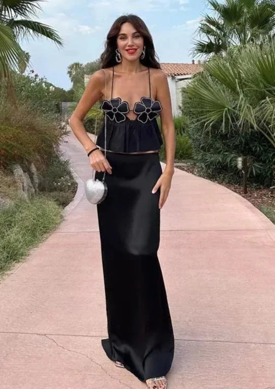 Haut Peplum Fleuri - Bretelles Spaghetti, Ornements Strass-Marais Paris-Marais Paris