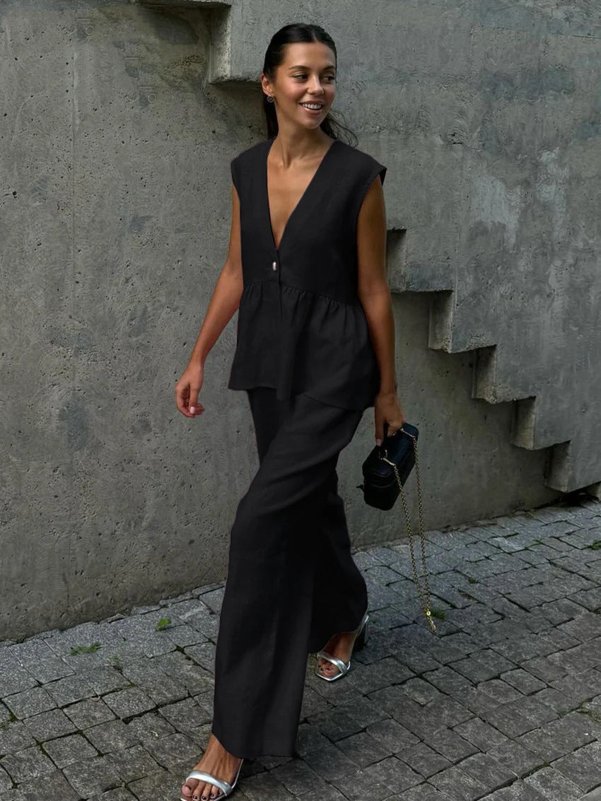 Marais Paris Ensemble Deux Pièces Femme – Lin Léger, Haut Sans Manches Col V & Pantalon Large-83272-0c63c763-28ea-4941-8b59-9294f11645bc