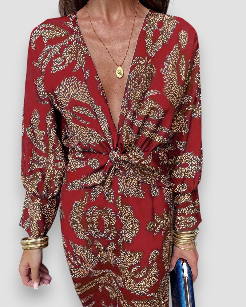 Robe Longue Femme – Imprimée Col V, Nœud Taille, Manches Longues-83293-0cd70f95-a68a-4a1f-a035-41577c935f07