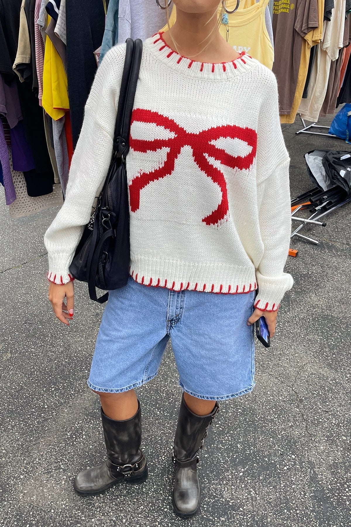 Top Tricot Femme Nœud Rouge, Manches Longues, Col Rond-Sweaters-Marais Paris-Marais Paris