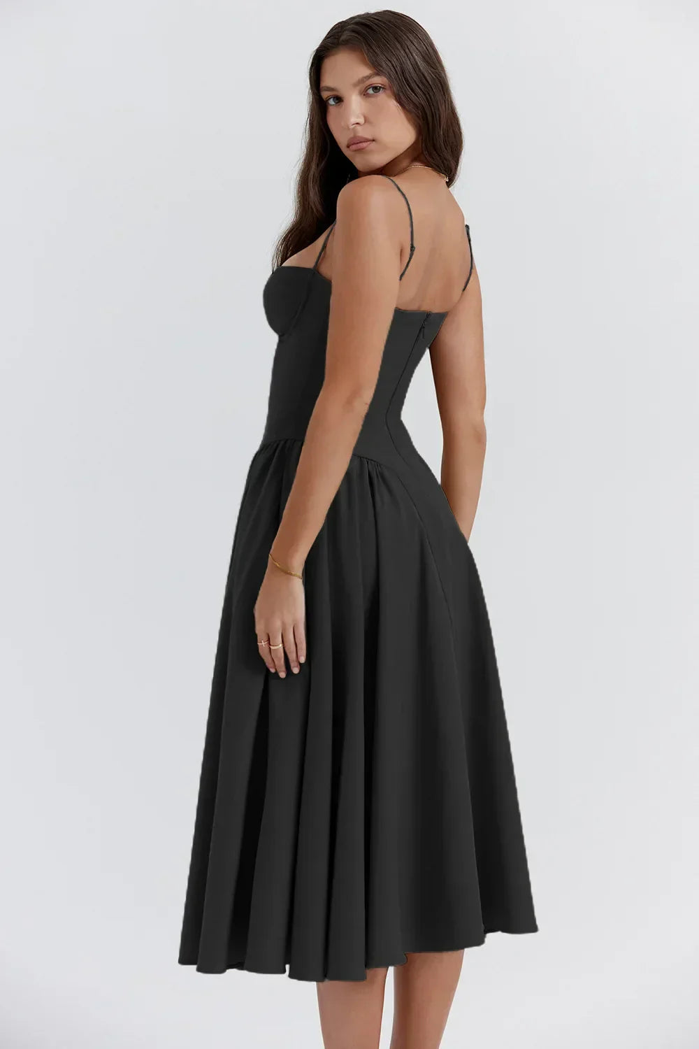 Robe Midi Femme – Bretelles Fines, Corsage Structuré, Jupe Plissée, Poches-83506-1d16ad11-4819-45ae-904d-378964f2ae97