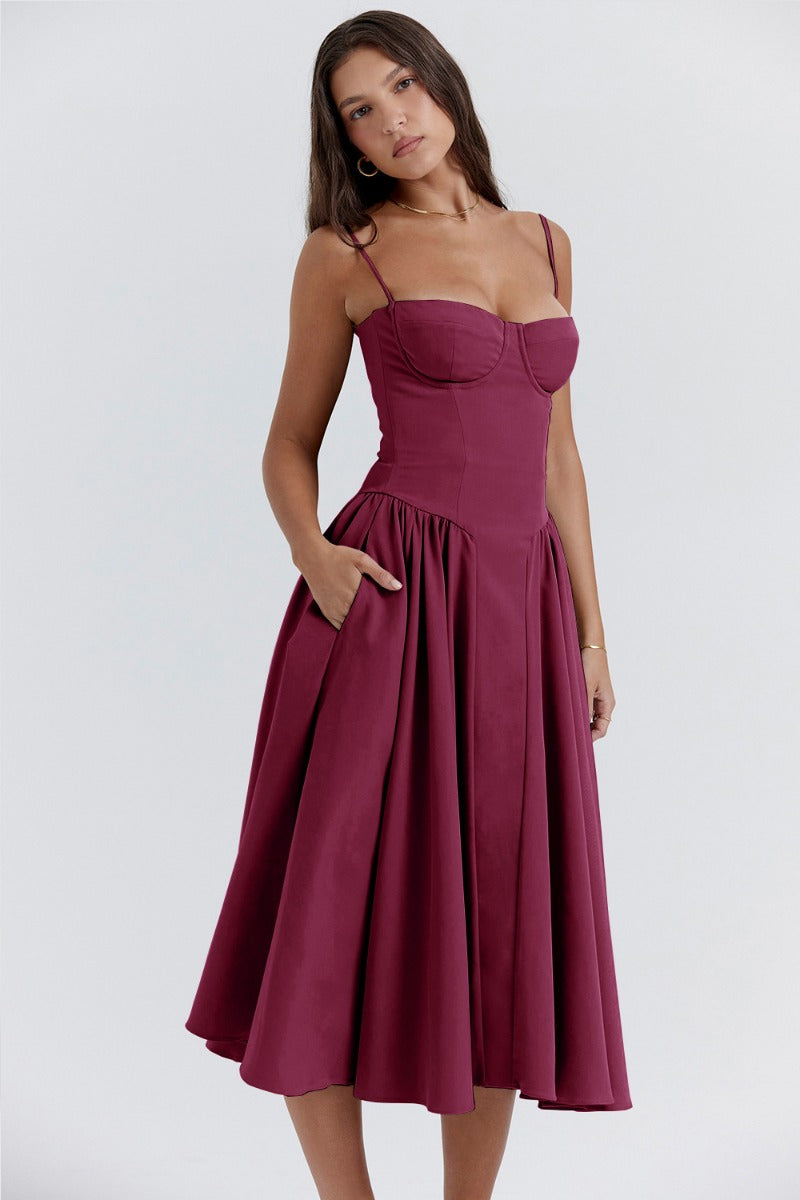 Robe Midi Femme – Bretelles Fines, Corsage Structuré, Jupe Plissée, Poches-83506-20dc9fc4-adaa-410b-8e81-918d17f77a5a