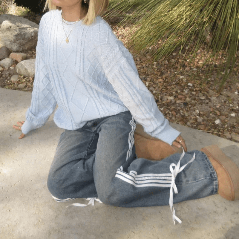 Jean large avec rayures sportives - Taille haute, décontracté-Women Pants-Marais Paris-Marais Paris