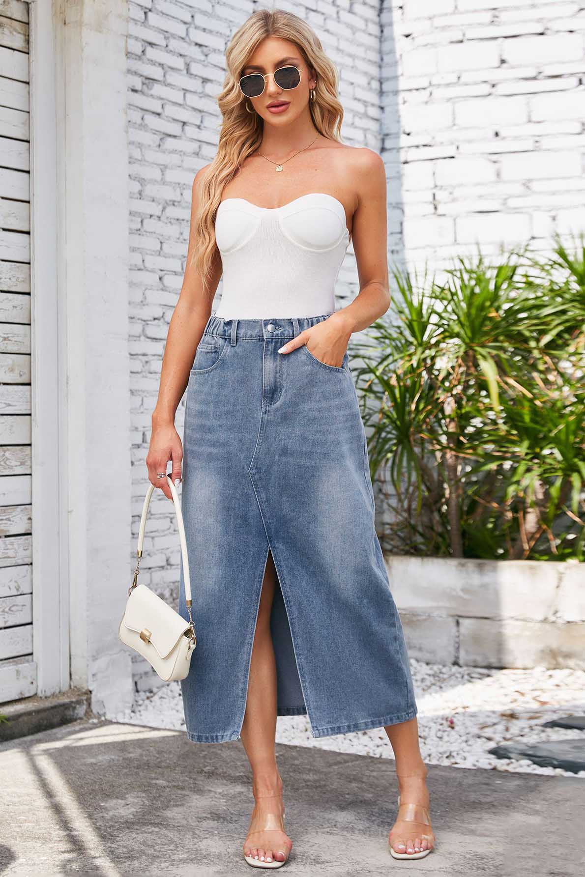 Jupe Midi Denim Femme - Taille Élastique, Fente Avant, Style Décontracté-Maxi Skirt-Marais Paris-Marais Paris