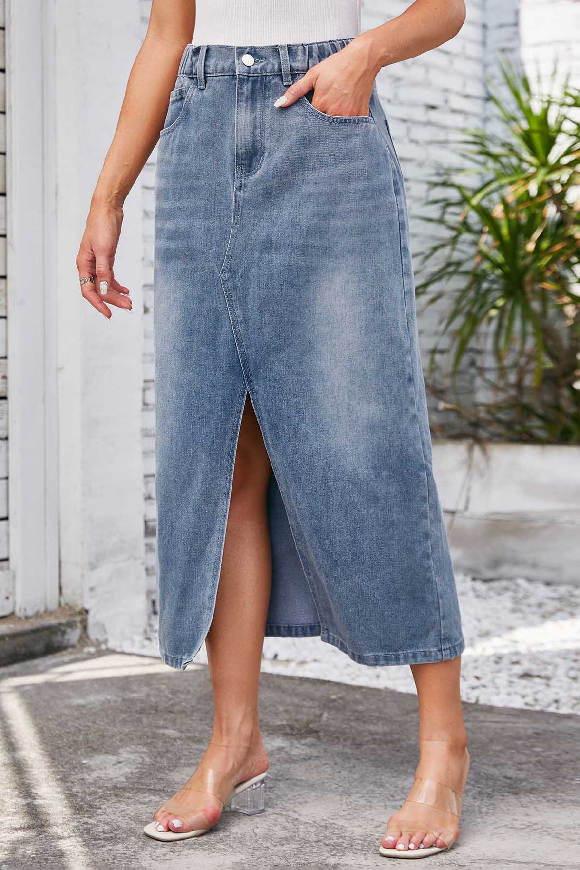 Jupe Midi Denim Femme - Taille Élastique, Fente Avant, Style Décontracté-Maxi Skirt-Marais Paris-Marais Paris