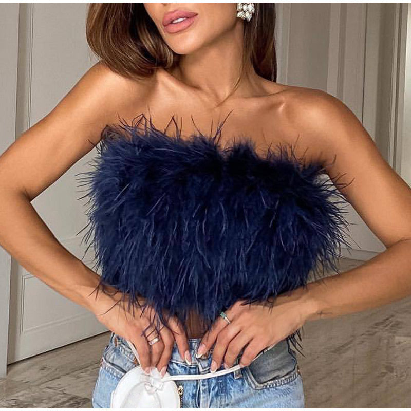 Haut Bandeau Plume - Top Strapless Texturé, Glamour-Shirts & Tops-Marais Paris-Bleu-S-Marais Paris