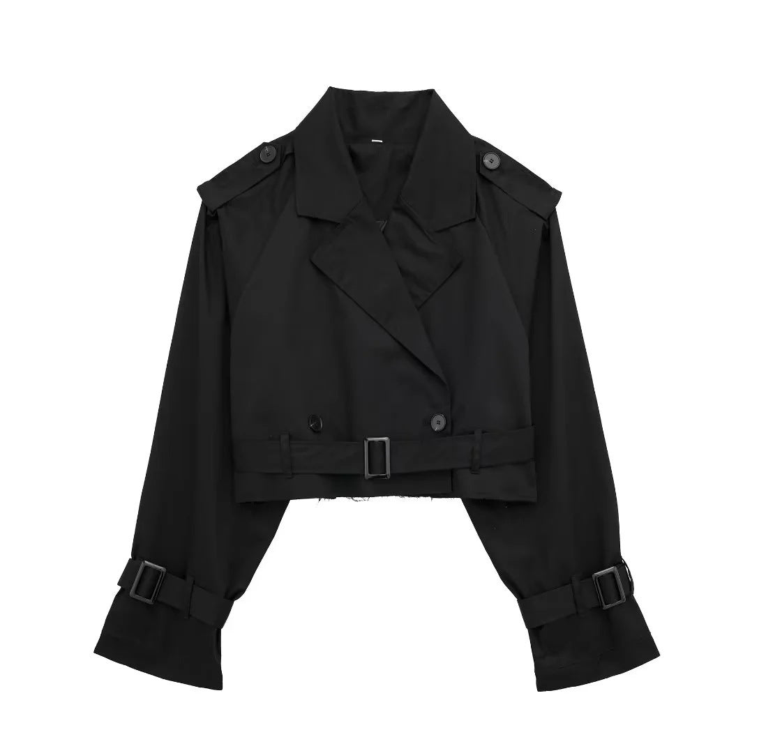 Veste Trench Cropped Femme - Double Boutonnage, Ceinture Ajustable-Jassen-Marais Paris-Noir-XS-Marais Paris