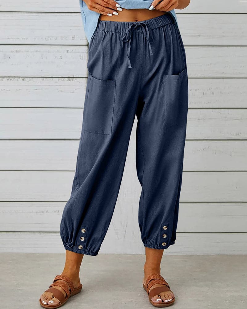 Marais Paris Women's Pants – Drawstring Waist, Ankle Button Detail, Front Pockets-83253-308421c6-9834-44be-8de4-7fe70d949f29