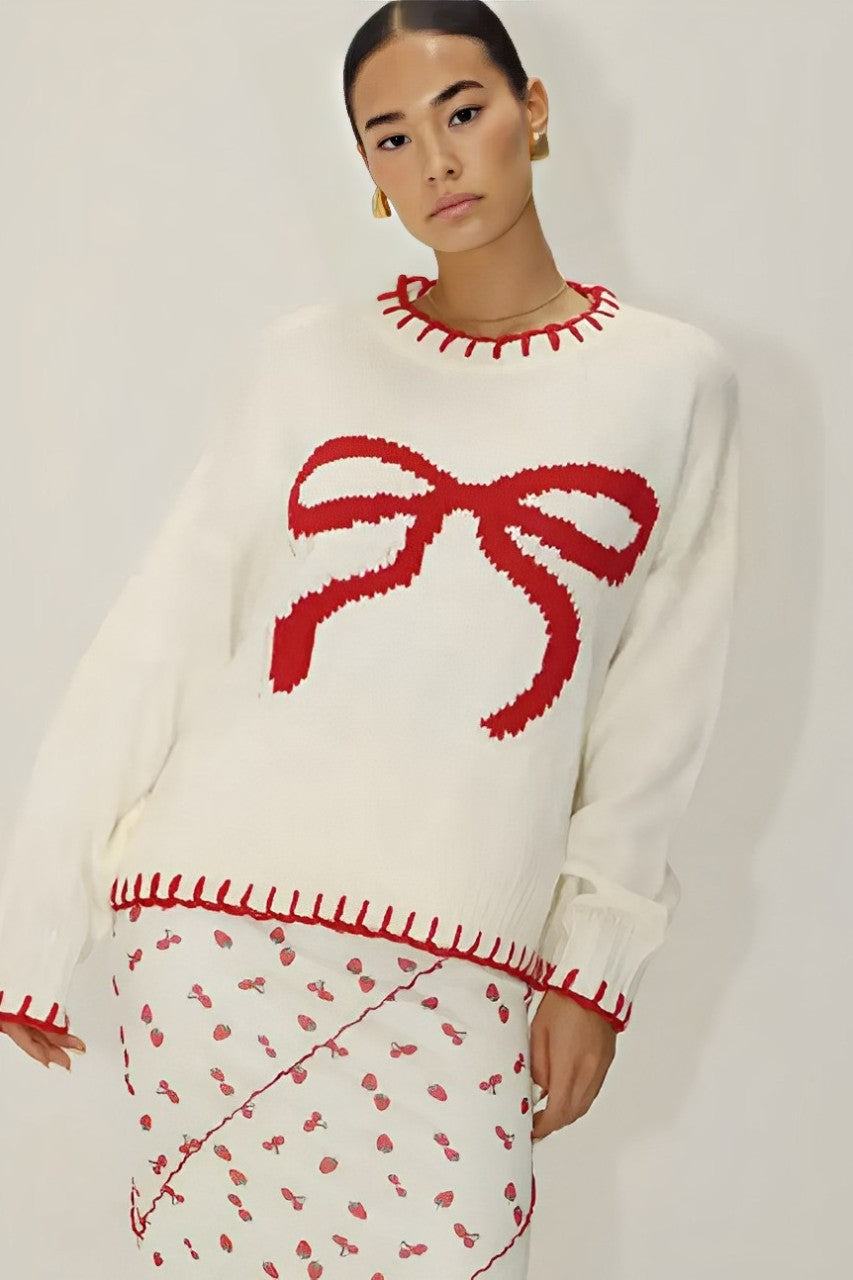 Top Tricot Femme Nœud Rouge, Manches Longues, Col Rond-Sweaters-Marais Paris-Blanc-S-Marais Paris