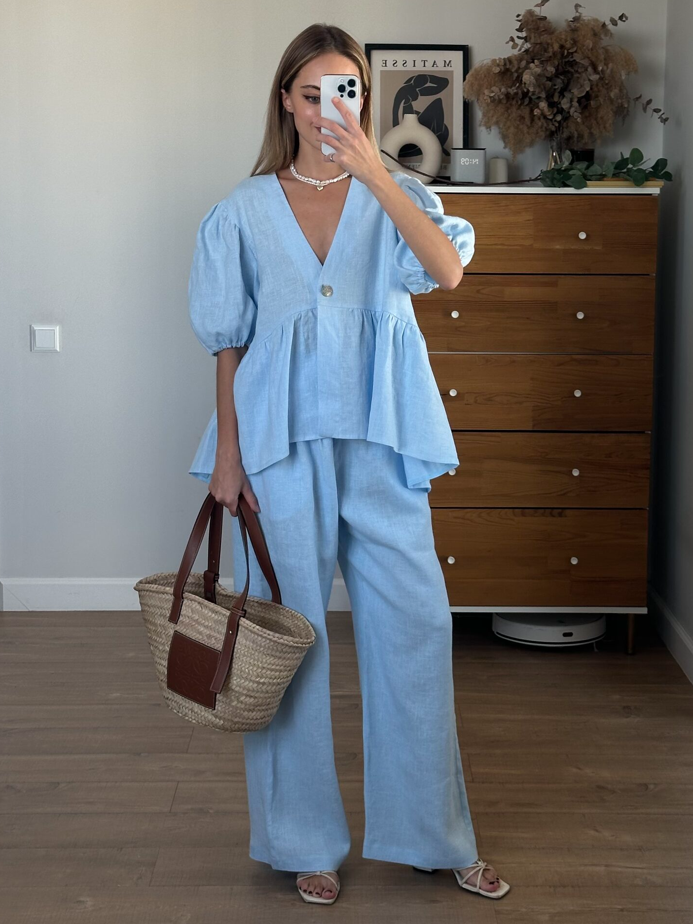 Marais Paris Ensemble Deux Pièces Femme Lin – Haut Col V Manches Bouffantes & Pantalon Large-83274-350be112-09bf-4698-93ad-a45ce3b240ee