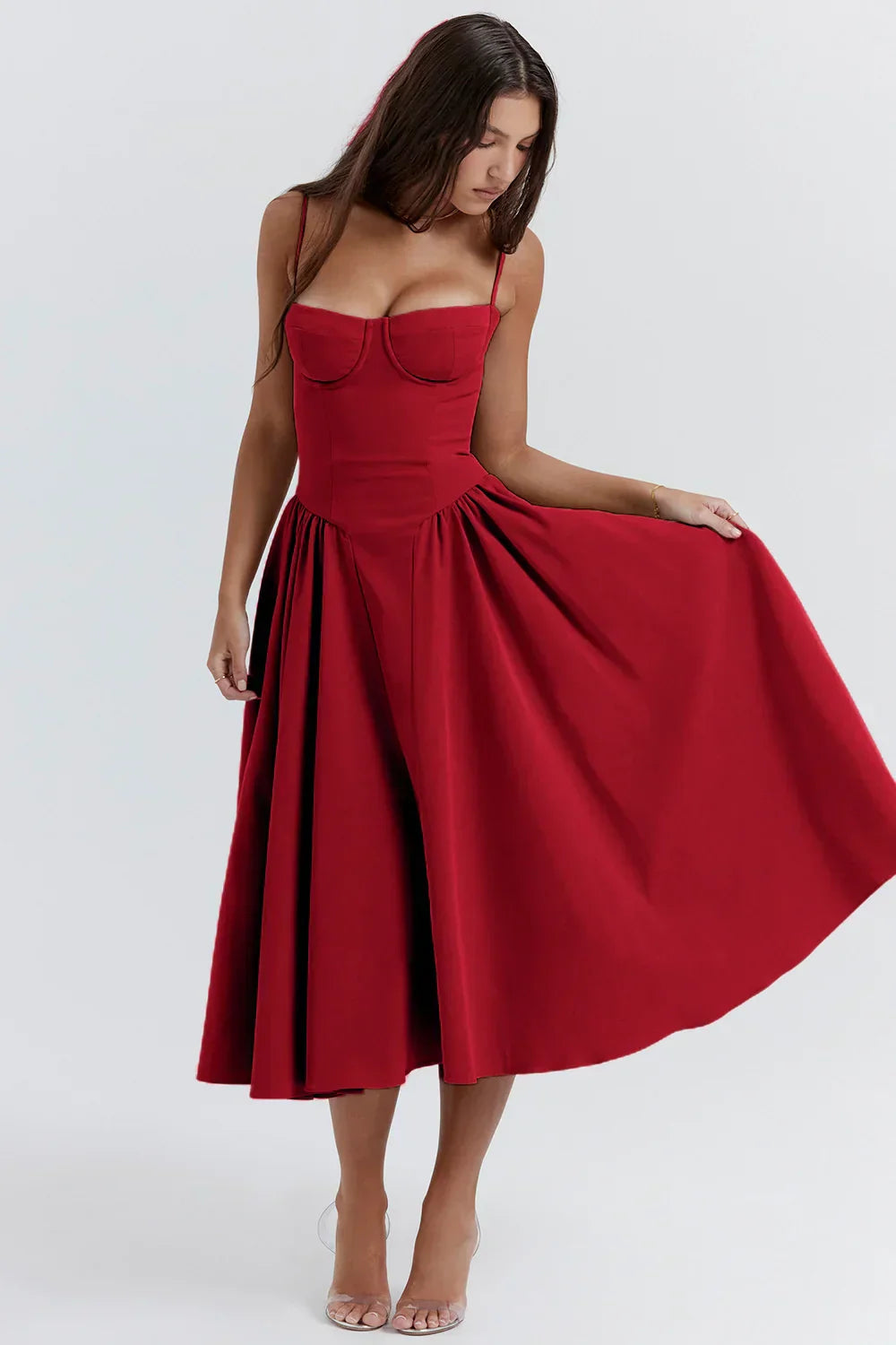 Robe Midi Femme – Bretelles Fines, Corsage Structuré, Jupe Plissée, Poches-83506-3bb099d9-b45a-44df-a19a-7ab32cfe251f