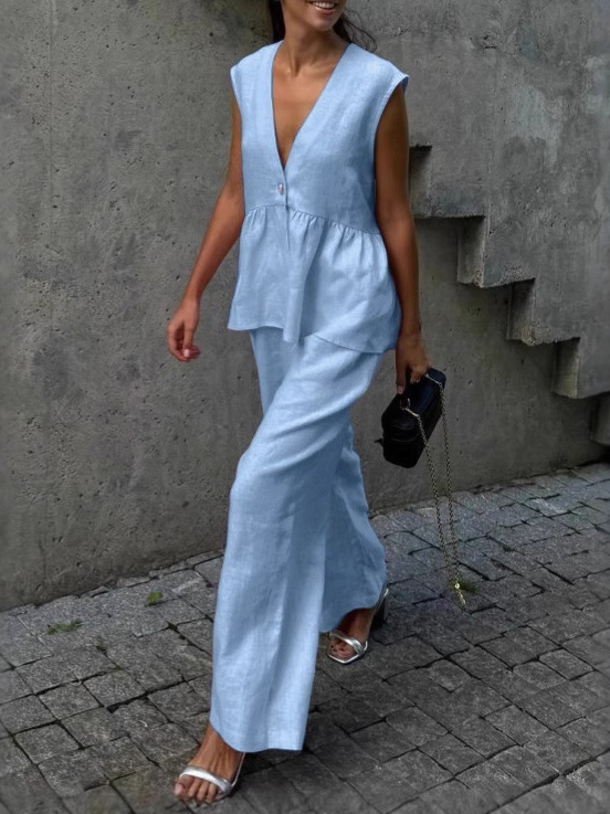 Marais Paris Ensemble Deux Pièces Femme – Lin Léger, Haut Sans Manches Col V & Pantalon Large-83272-4ab44557-d8ed-4597-9d20-fd4405e2063a