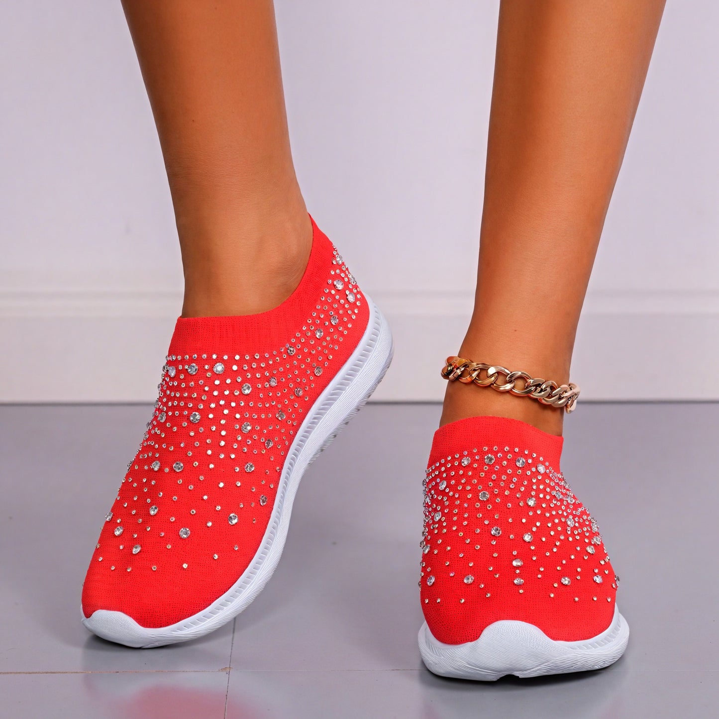 Sneakers Slip-On Femme - Maille & Strass Brillants-Shoes Evergreen-Marais Paris-Rouge-35-Marais Paris