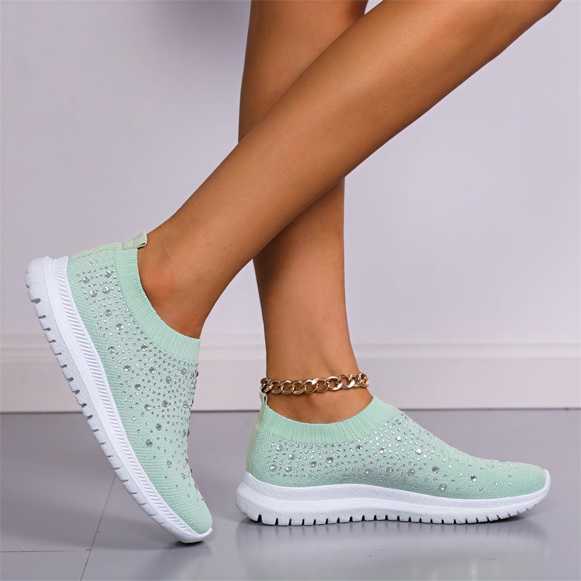 Sneakers Slip-On Femme - Maille & Strass Brillants-Shoes Evergreen-Marais Paris-Vert PâLe-35-Marais Paris
