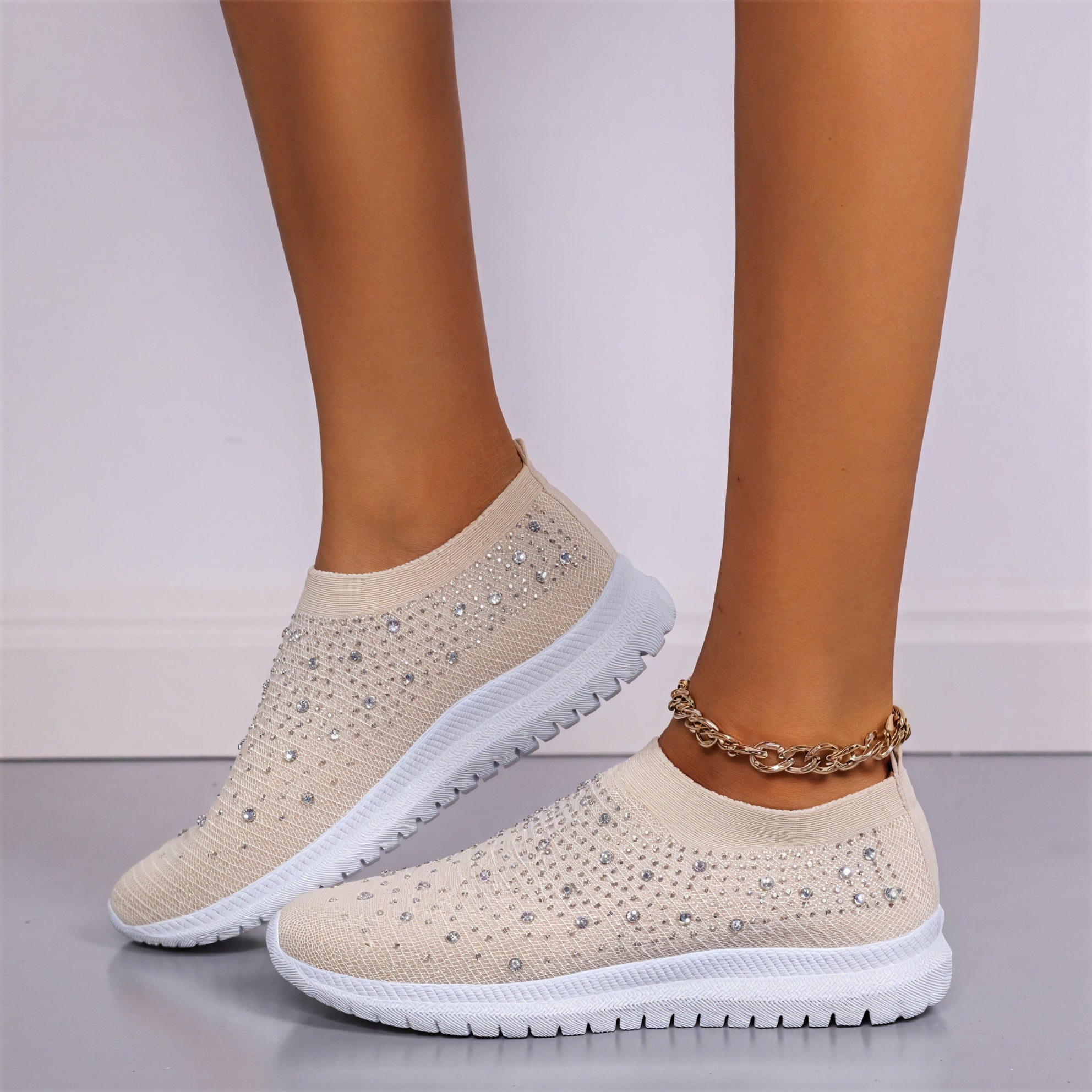 Sneakers Slip-On Femme - Maille & Strass Brillants-Shoes Evergreen-Marais Paris-Beige-35-Marais Paris