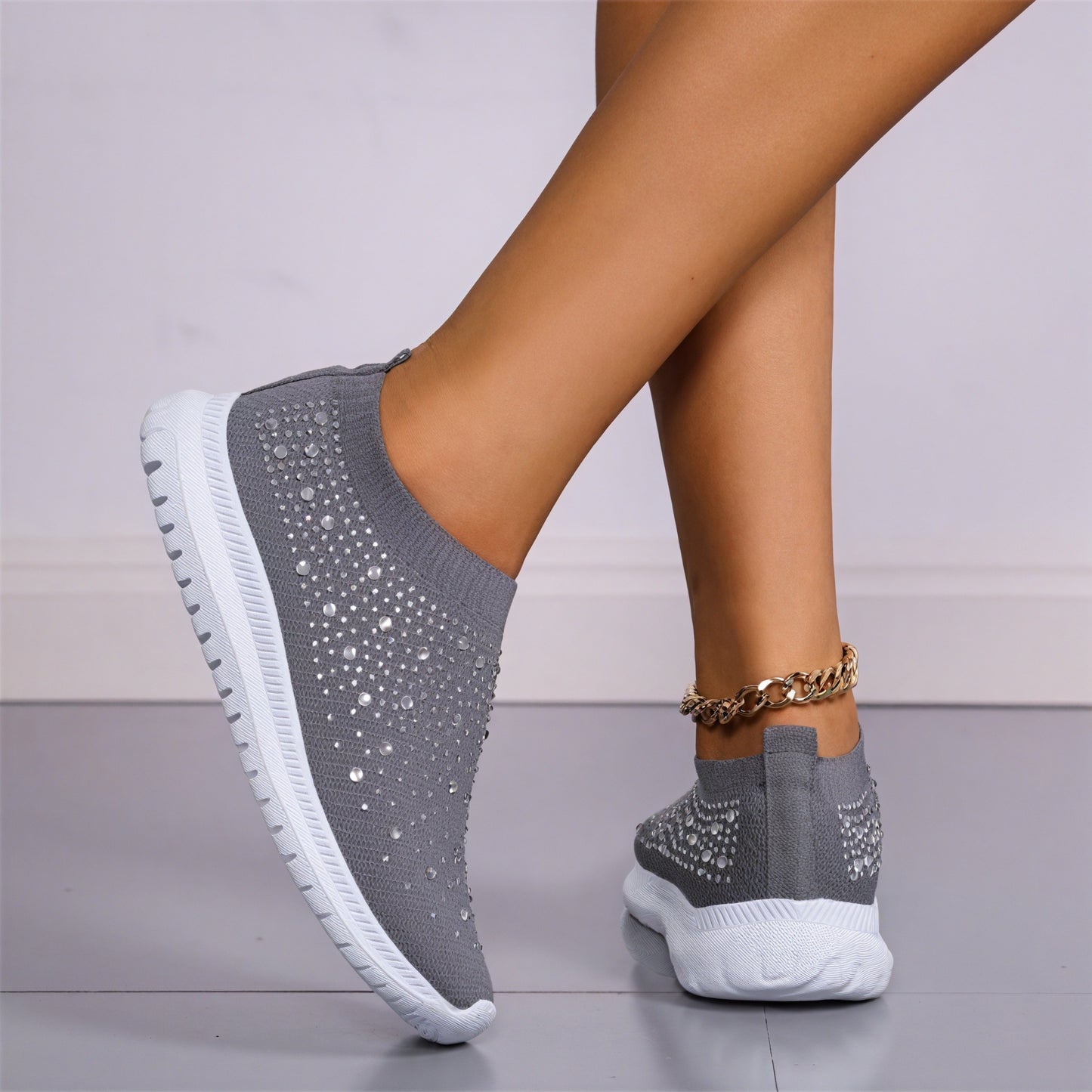 Sneakers Slip-On Femme - Maille & Strass Brillants-Shoes Evergreen-Marais Paris-Gris-35-Marais Paris