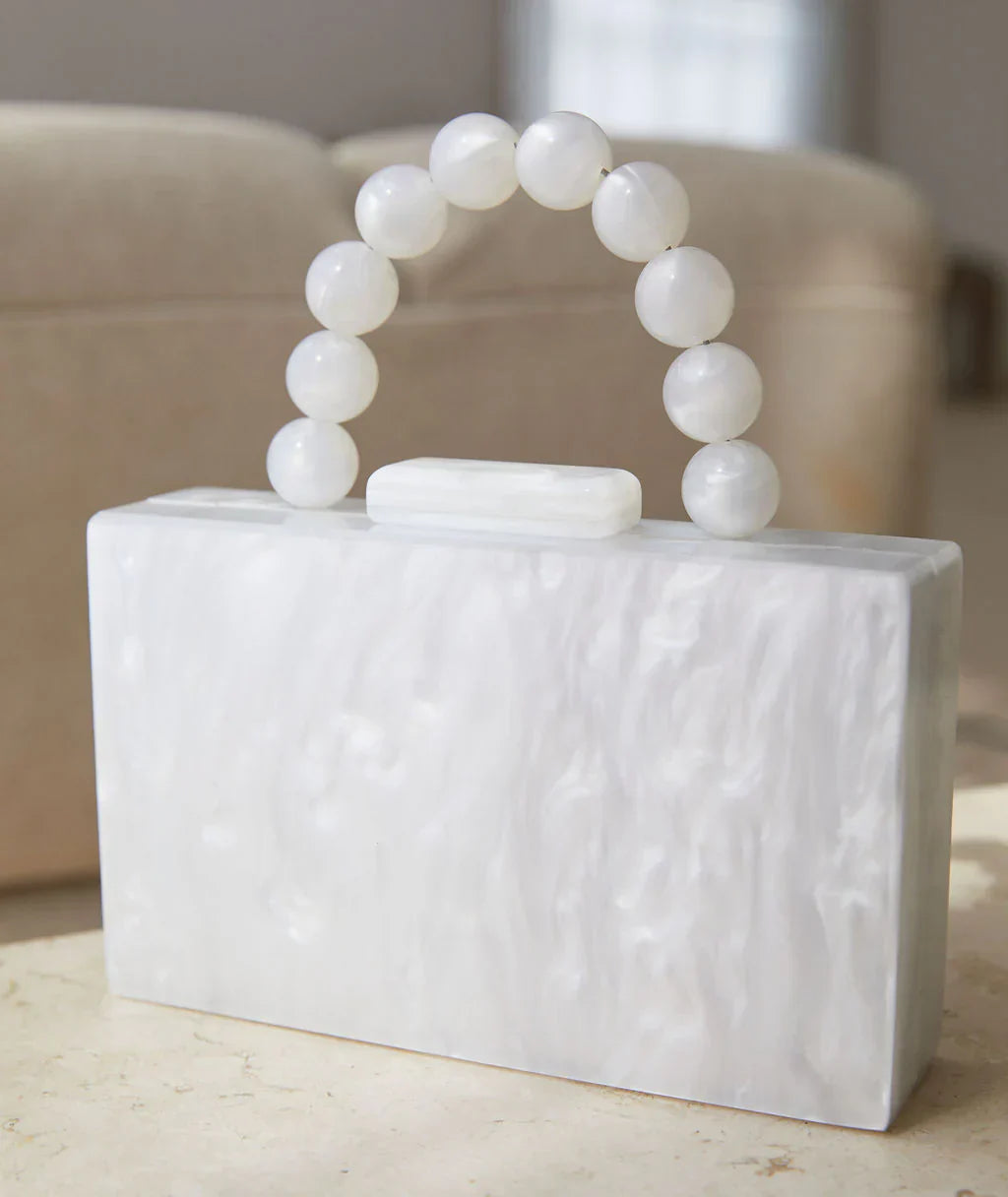 Pochette Rectangulaire Perles, Effet Marbré, Fermoir Sécurisé-Old Money Style-Marais Paris-Blanc-Marais Paris