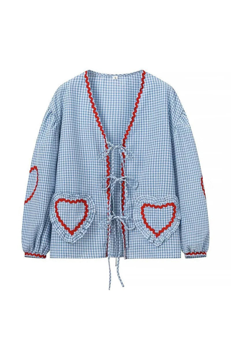 Chemisier Femme Gingham – Manches Longues, Poches Cœur, Nœud Papillon, Bordure Rouge-83307-54f3a0d1-9fa1-42cc-9ee0-49ca009f5f1c