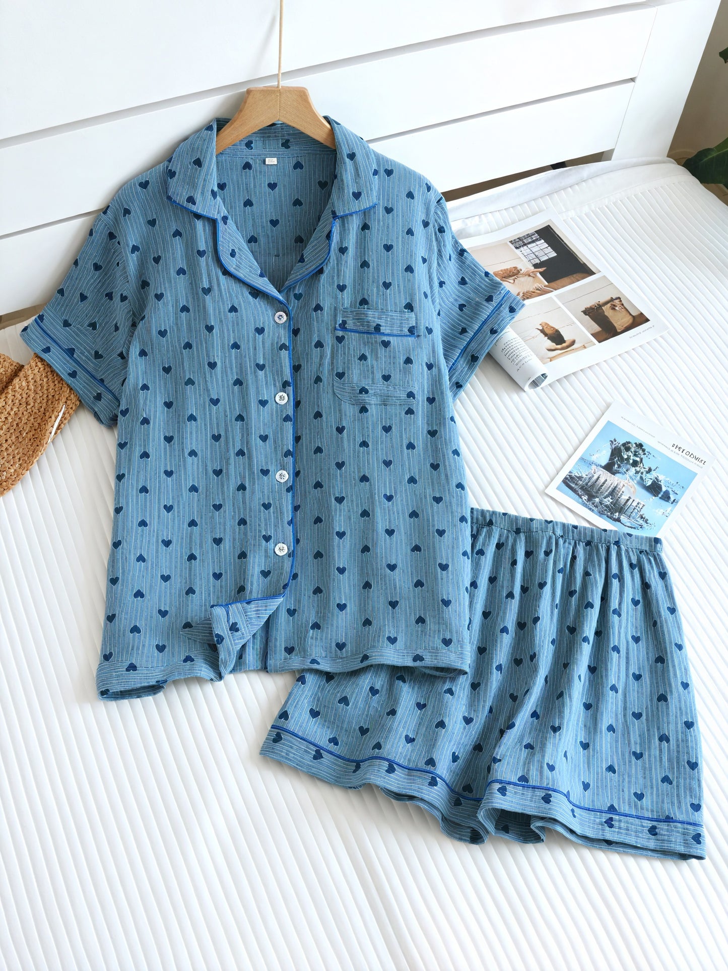 Ensemble Pyjama Femme - Chemise Boutonnée, Short Cœur-Loungewear-Marais Paris-Bleu-S-Marais Paris