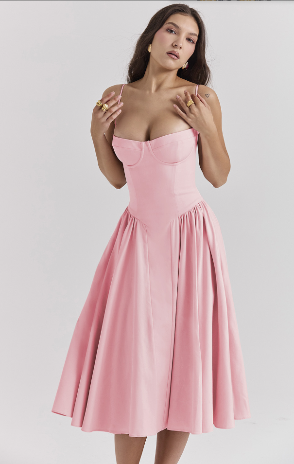 Robe Midi Femme – Bretelles Fines, Corsage Structuré, Jupe Plissée, Poches-83506-59c52140-98fd-4ce8-970e-c6134fe21077