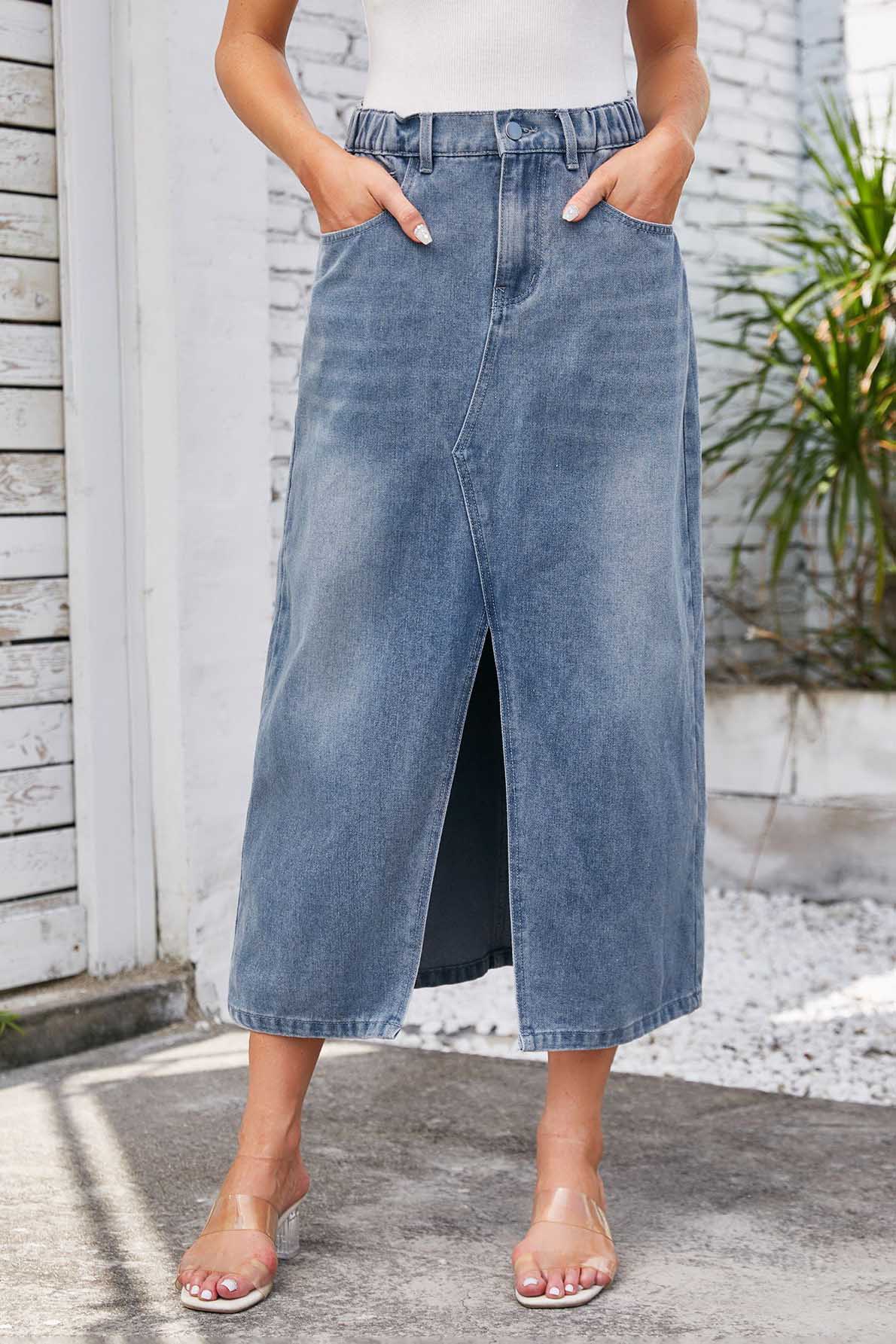 Jupe Midi Denim Femme - Taille Élastique, Fente Avant, Style Décontracté-Maxi Skirt-Marais Paris-Bleu-S-Marais Paris