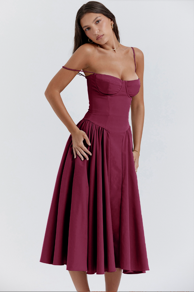 Robe Midi Femme – Bretelles Fines, Corsage Structuré, Jupe Plissée, Poches-83506-5ec8a616-a471-4894-98b6-a1024b7fc681