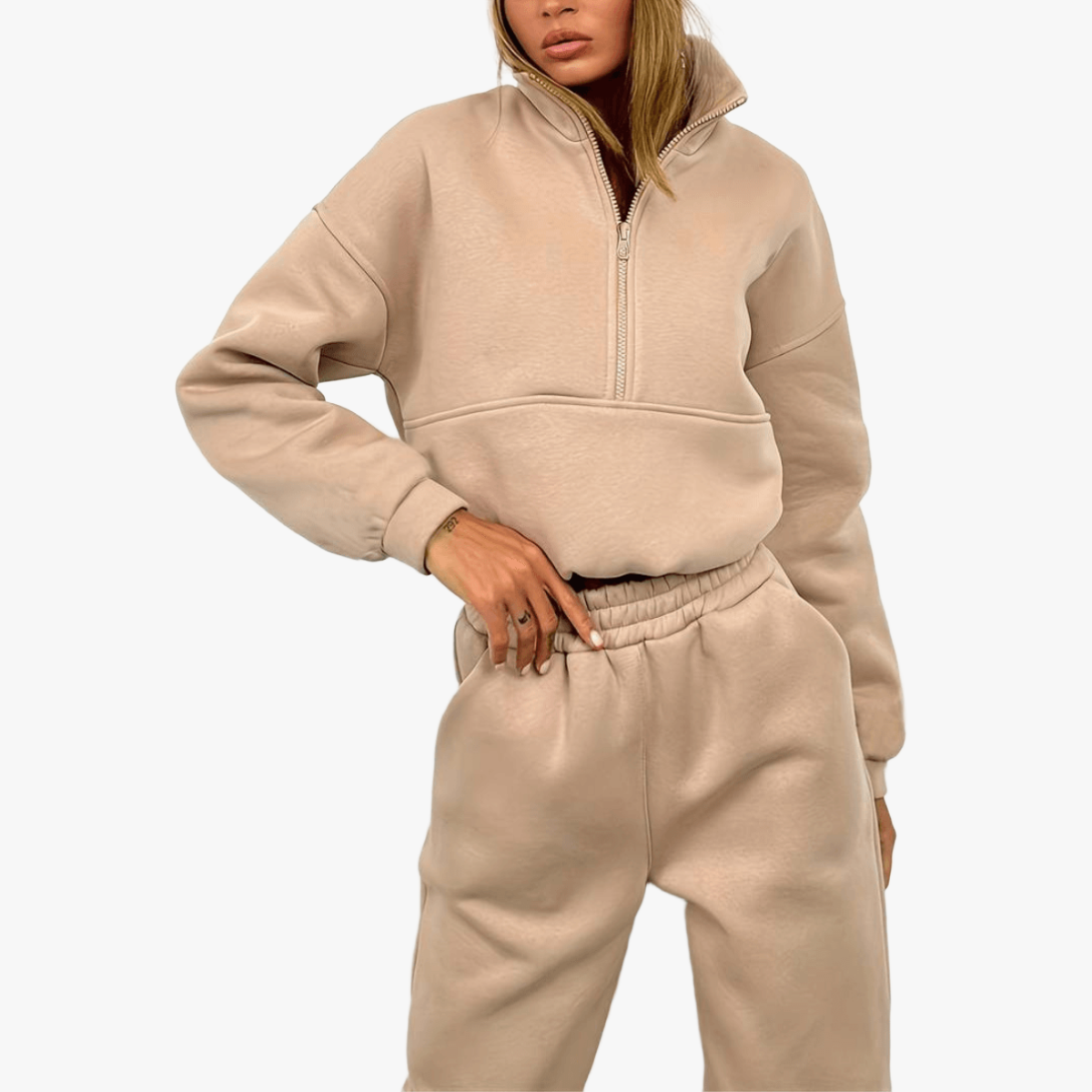 Ensemble Actif Élégant - Sweat Zippé et Joggers-Long set-Marais Paris-Beige-S-Marais Paris