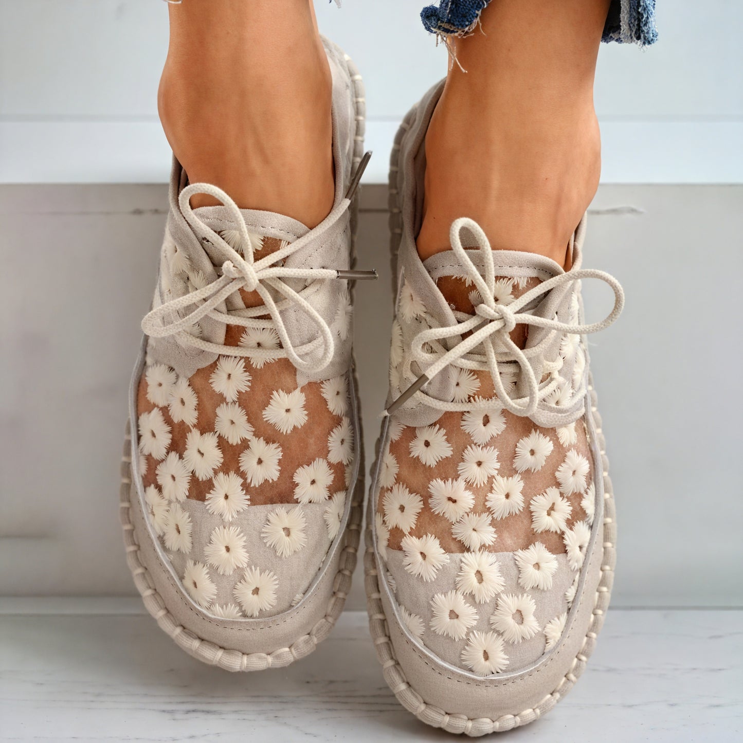 Chaussures Femme Florales Mesh Ajouré Confortables-Sneakers-Marais Paris-Beige-35-Marais Paris