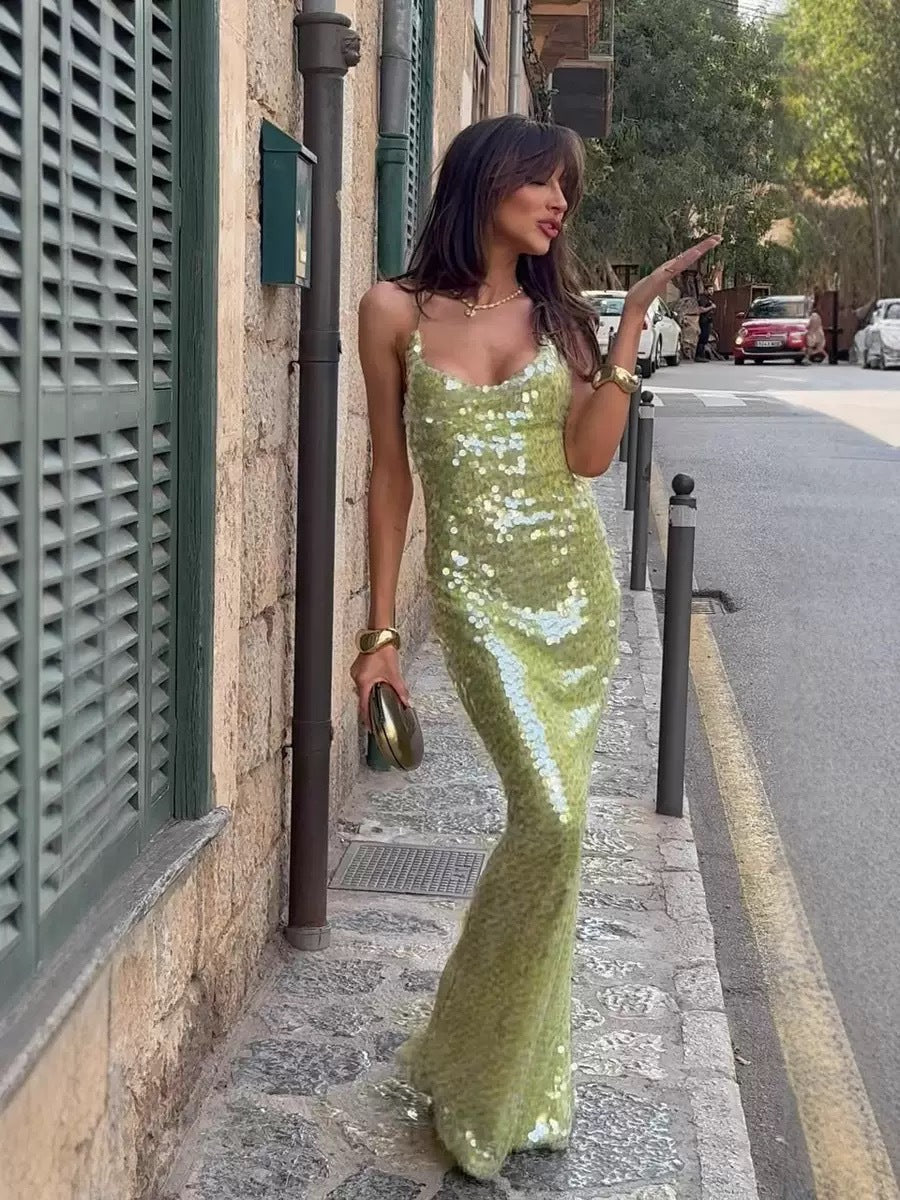 Marais Paris Robe Longue Femme Pailletée Bretelles Spaghetti Soirée Glamour-83278-64d4180c-f1a5-4f0e-a5d7-86bbdabc9c86