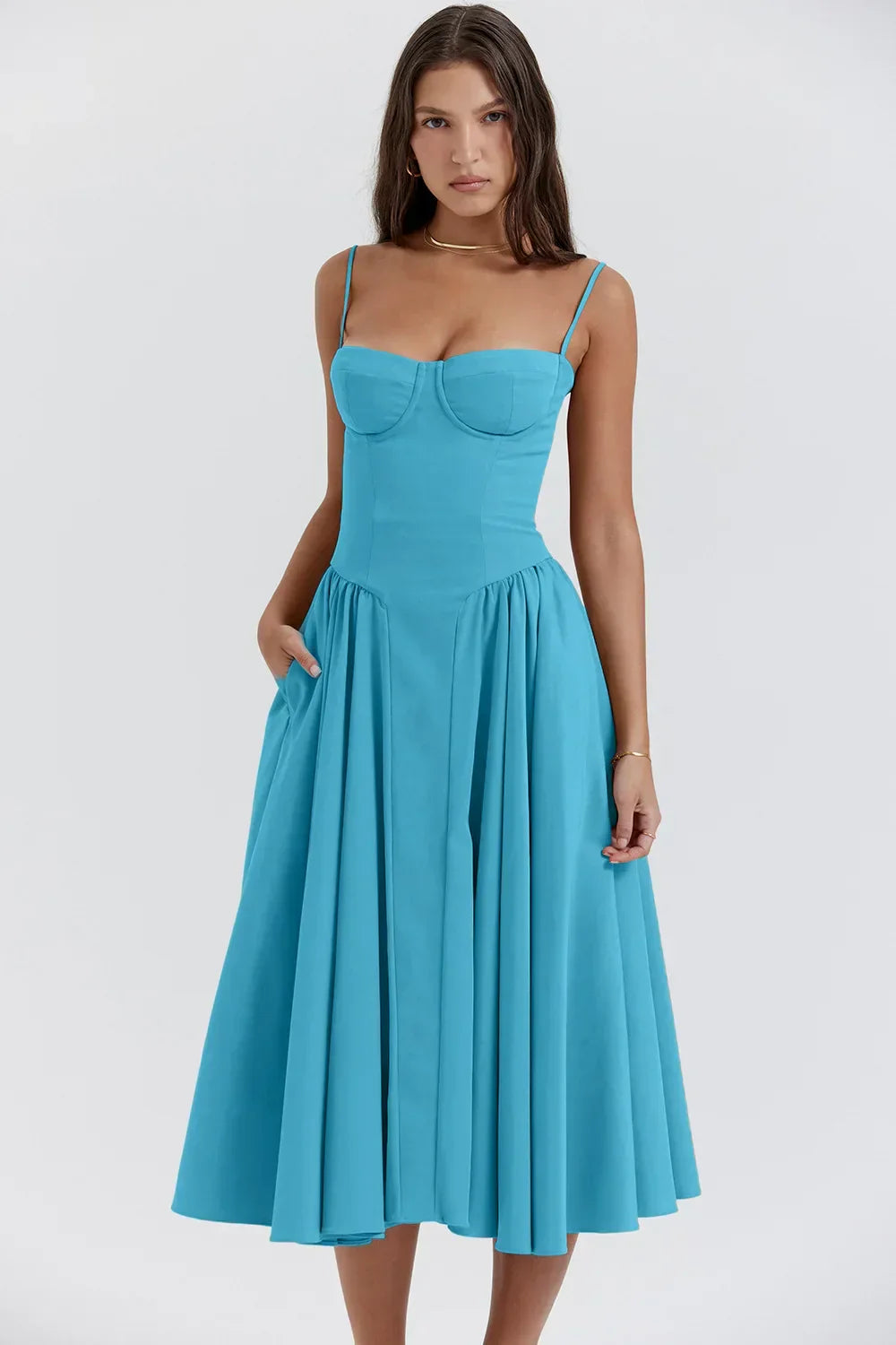 Robe Midi Femme – Bretelles Fines, Corsage Structuré, Jupe Plissée, Poches-83506-6650dd20-76b6-4767-97f2-8c55dc404559