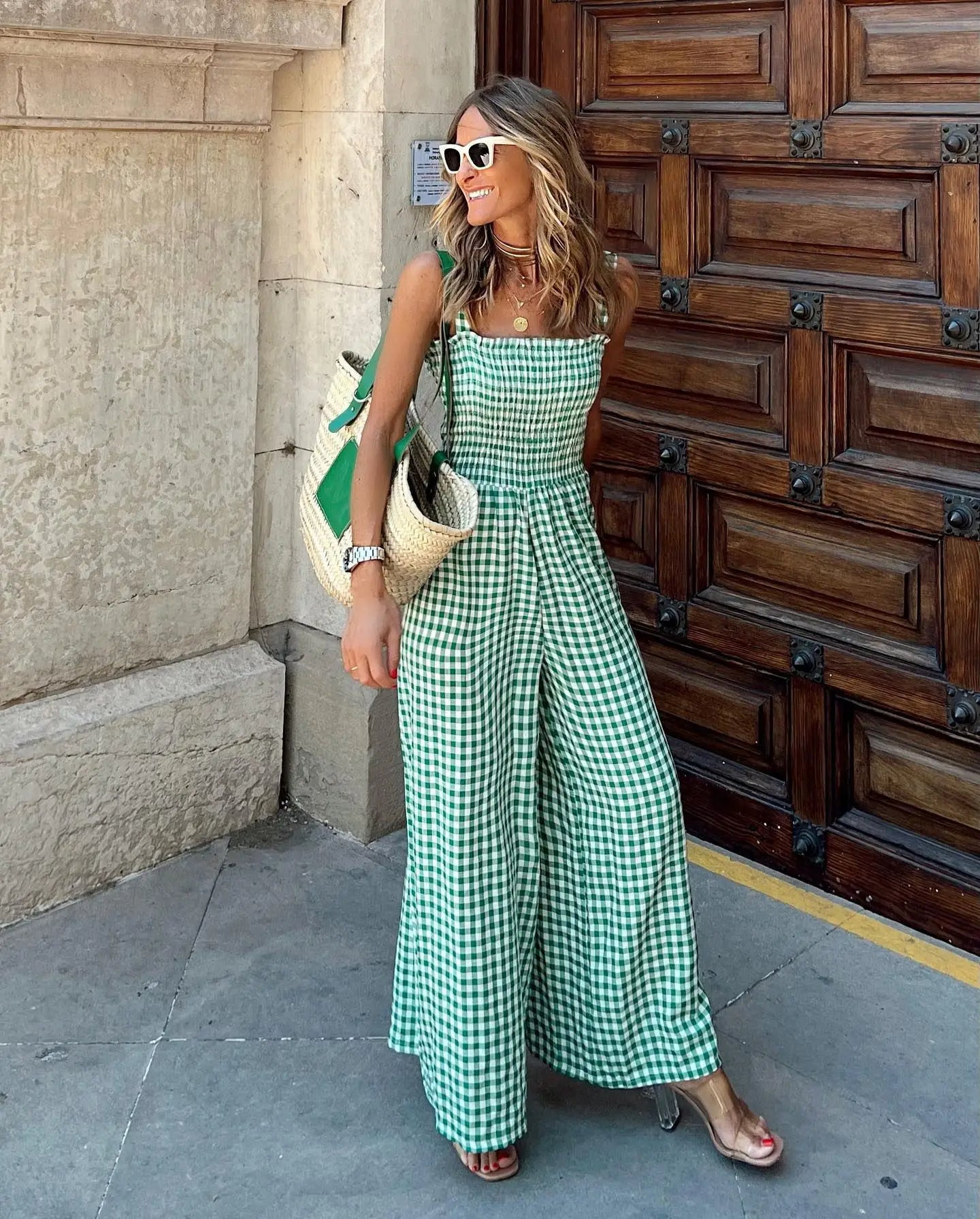 Combinaison Gingham Jambes Larges - Style Bohème Chic - Marais Paris-Marais Paris-Vert-S-Marais Paris
