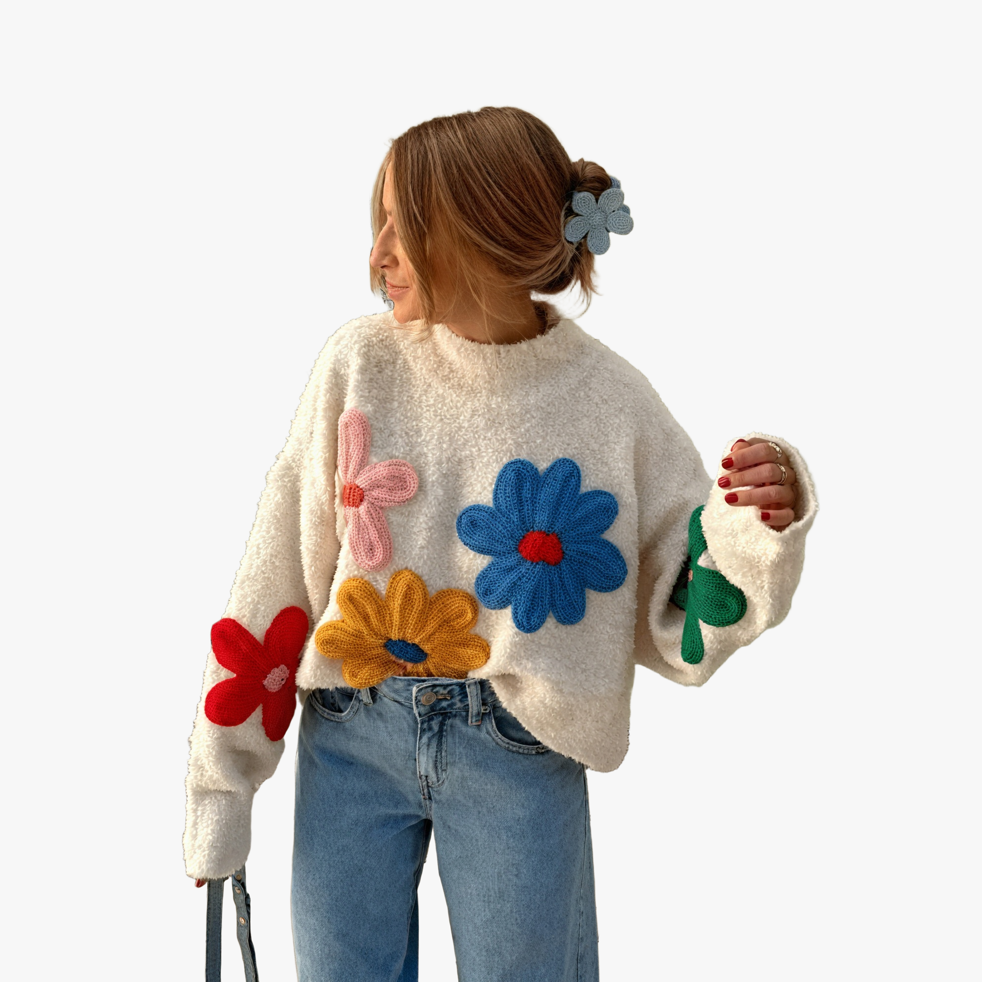 Pull Oversized à Appliqués Floraux - Style Décontracté-Women Cardigans-Marais Paris-Blanc-S-Marais Paris