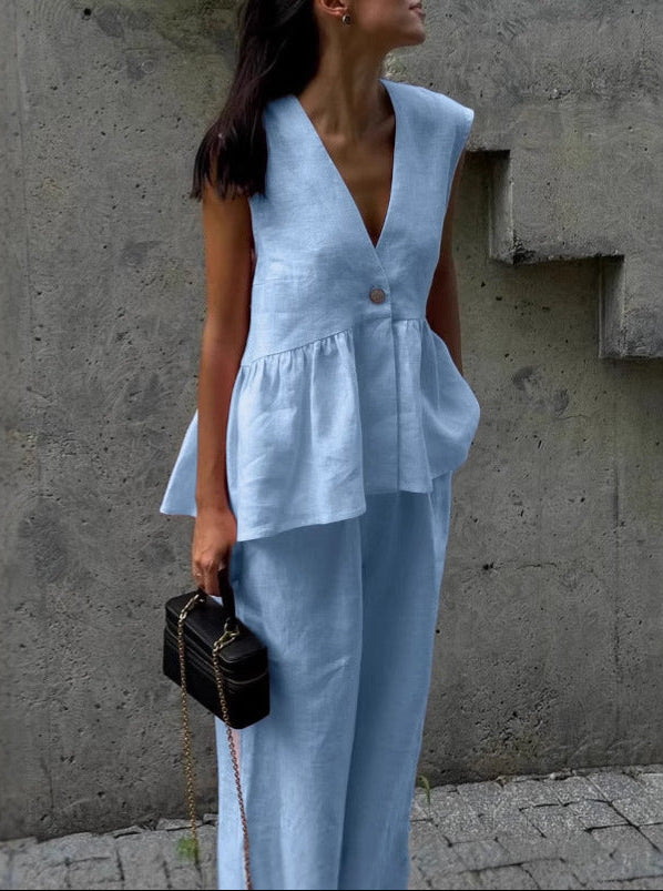 Marais Paris Ensemble Deux Pièces Femme – Lin Léger, Haut Sans Manches Col V & Pantalon Large-83272-6a930d19-d39a-43f0-8058-4014556be65f