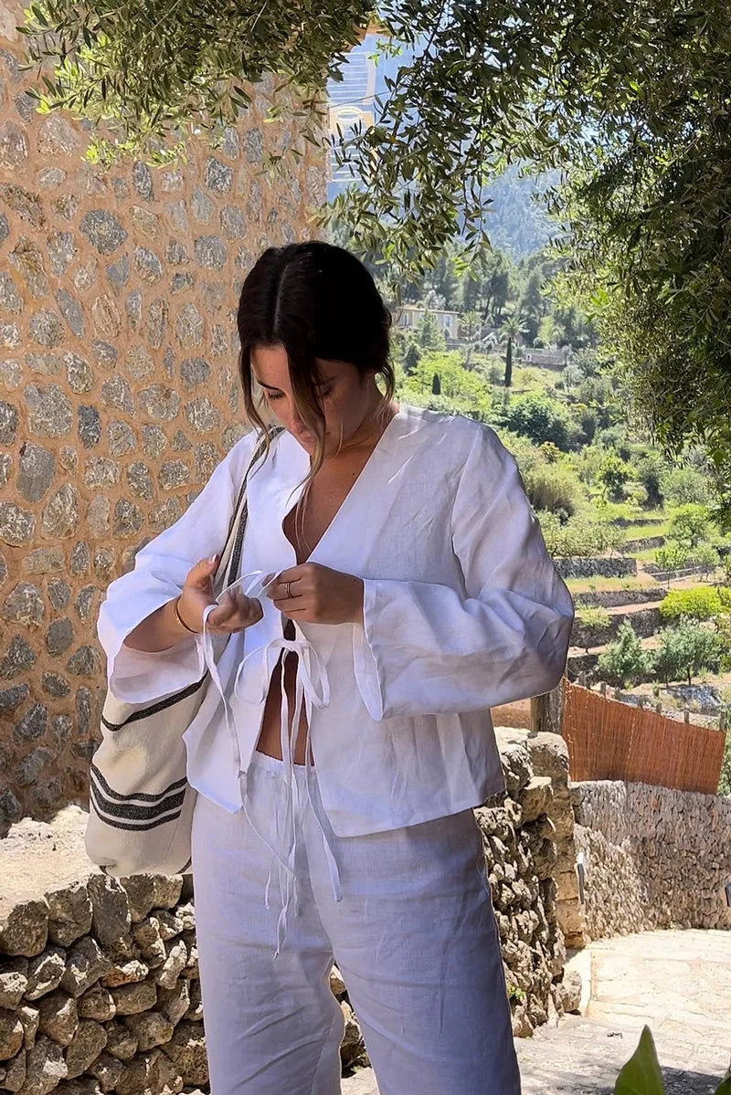 Femme Ensemble Deux Pièces Lin – Haut Manches Longues Noué Short Taille Élastique Décontracté-83296-7128b82b-2f99-4a39-bce2-a5e979173fc8