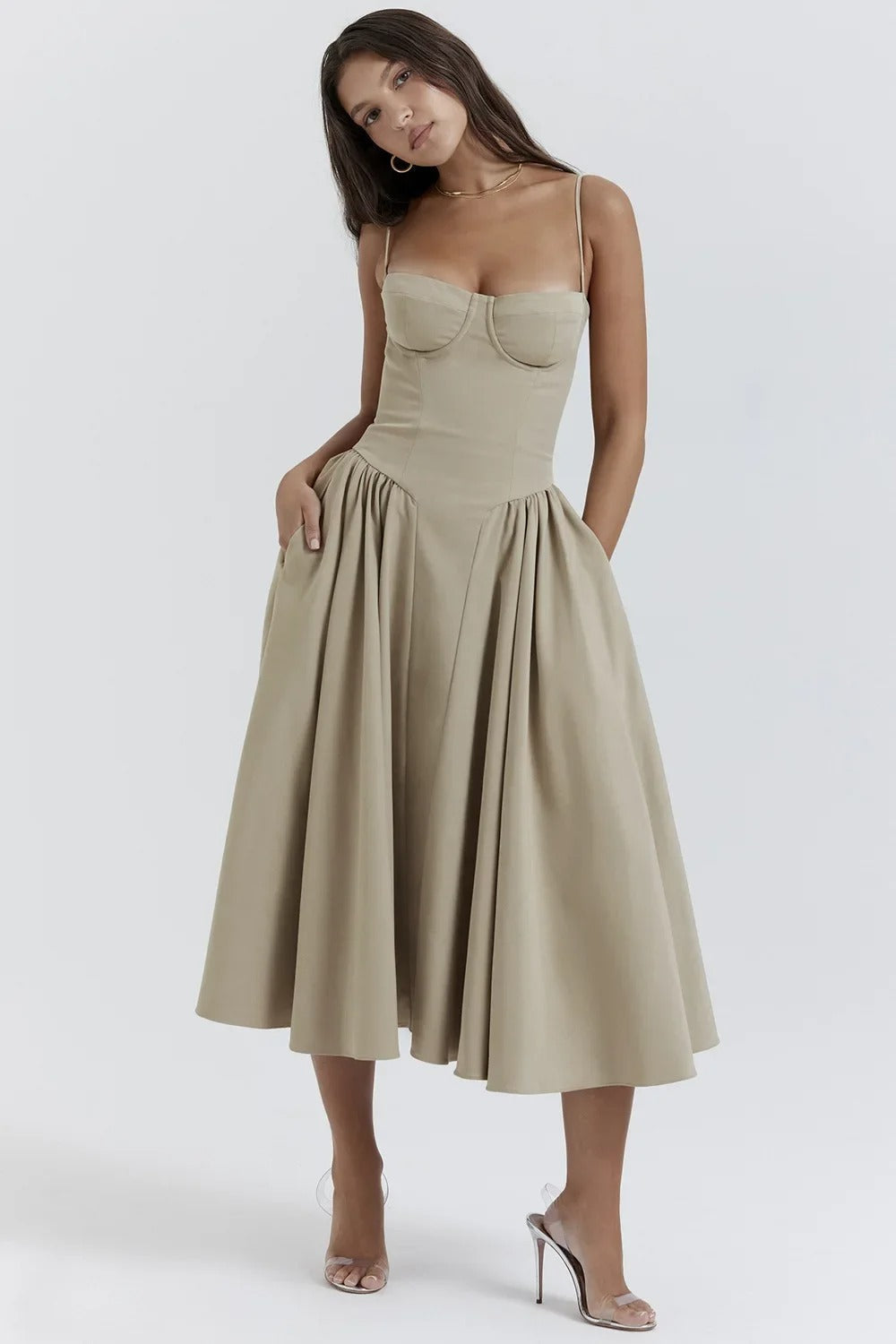 Robe Midi Femme – Bretelles Fines, Corsage Structuré, Jupe Plissée, Poches-83506-721e3359-e227-4e63-80ee-254ee9d8a66b