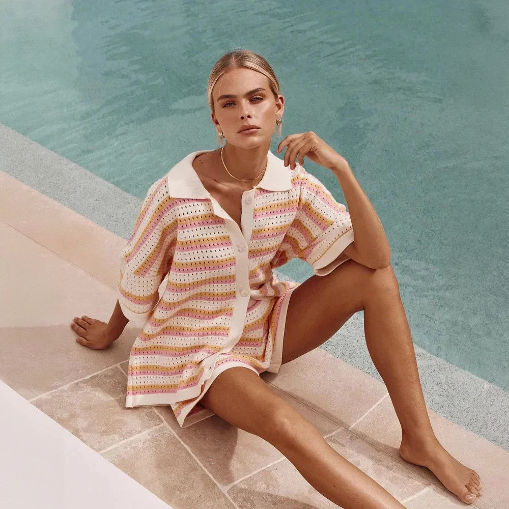 Ensemble Rayé Femme - Haut Manches Courtes & Short Taille Élastique-Holiday vibes-Marais Paris-Rose-8 - 10 (S)-Marais Paris