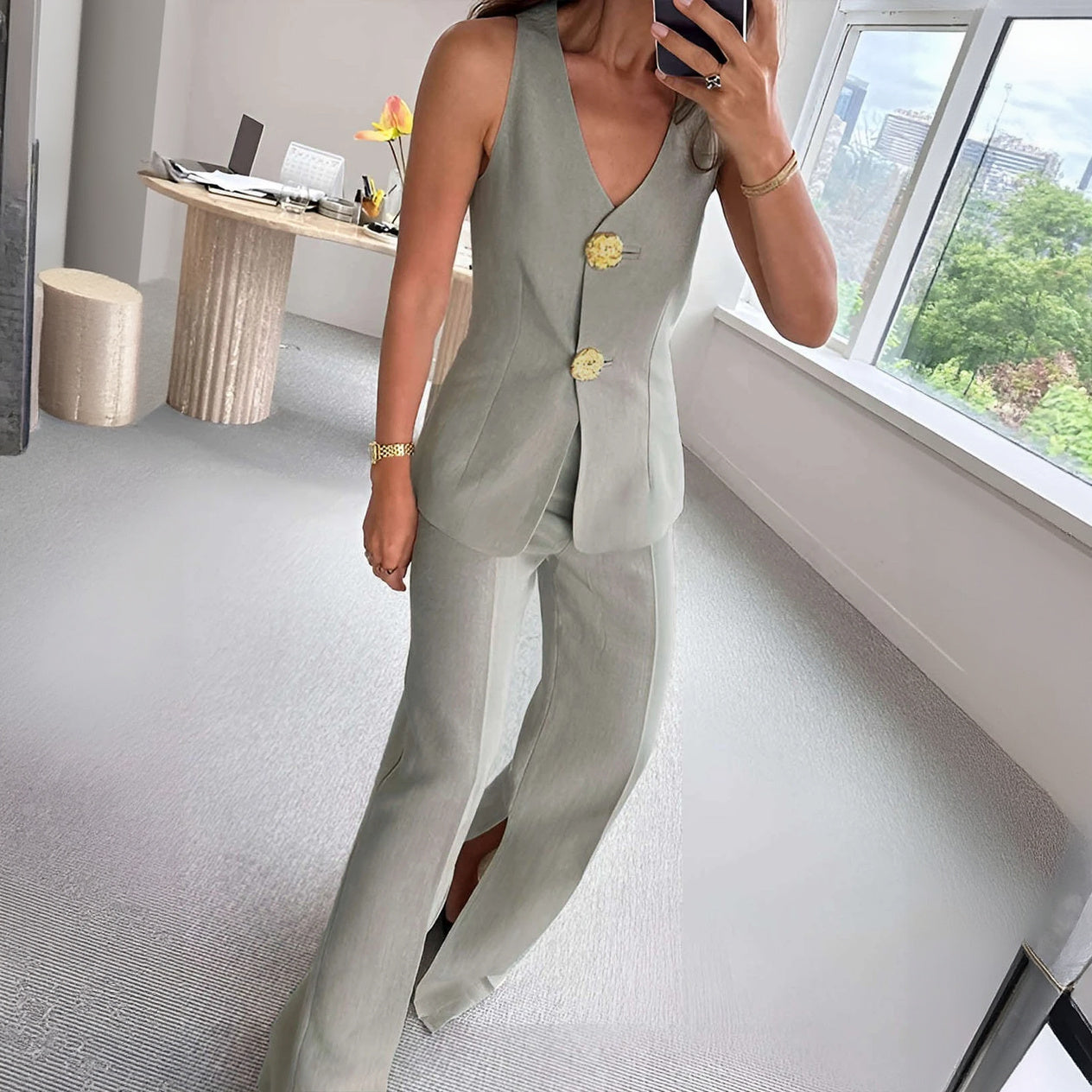 Ensemble 2 Pièces en Lin Femme Ensemble De Chandails Gilet Tricoté Pantalon sans Manches Survêtement Ensemble 2Pcs Slim Fit Summer Vacation Travel Outfits