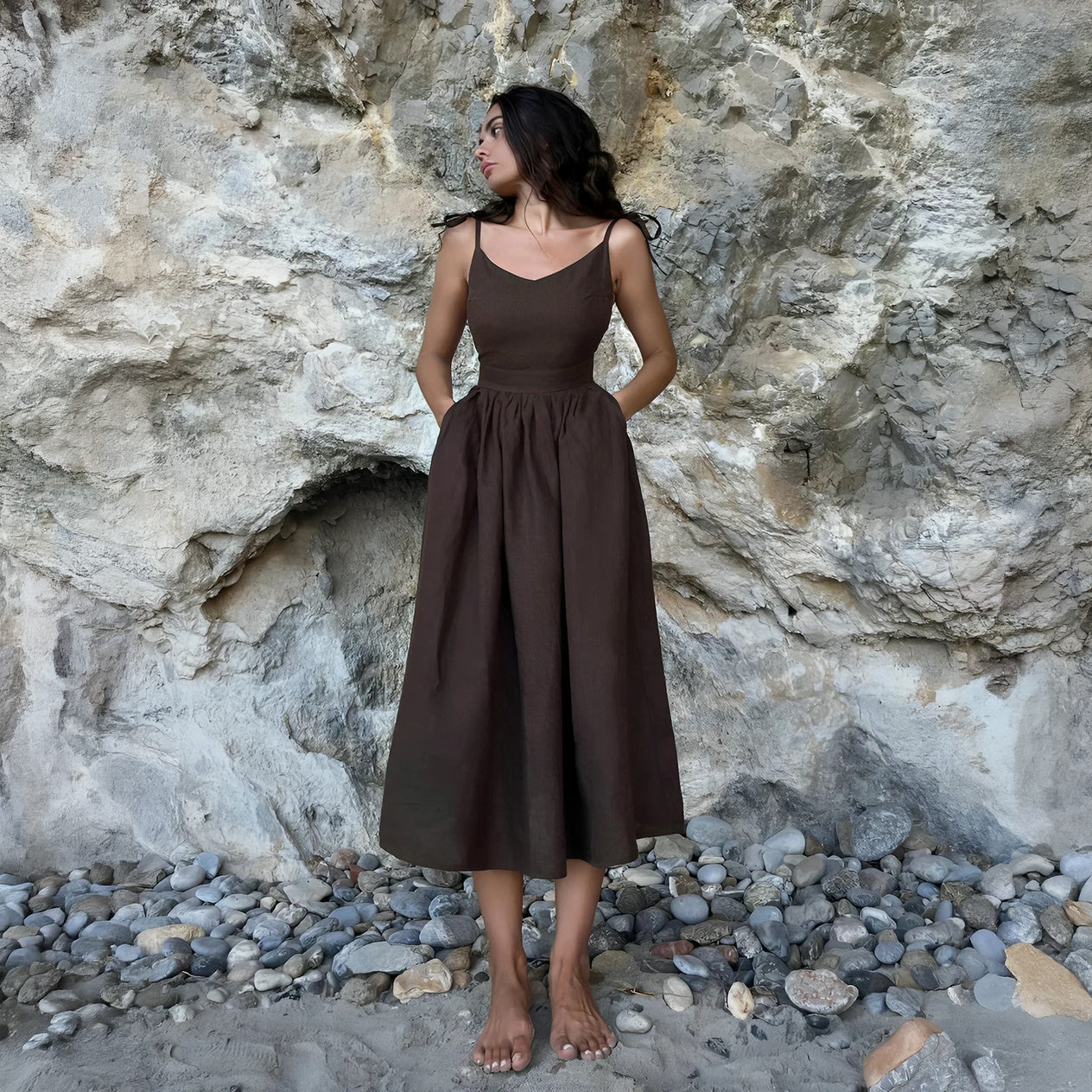 Robe A-ligne, Bretelles Ajustables, Taille Cintrée-Marais Paris-Café-8 - 10 (S)-Marais Paris