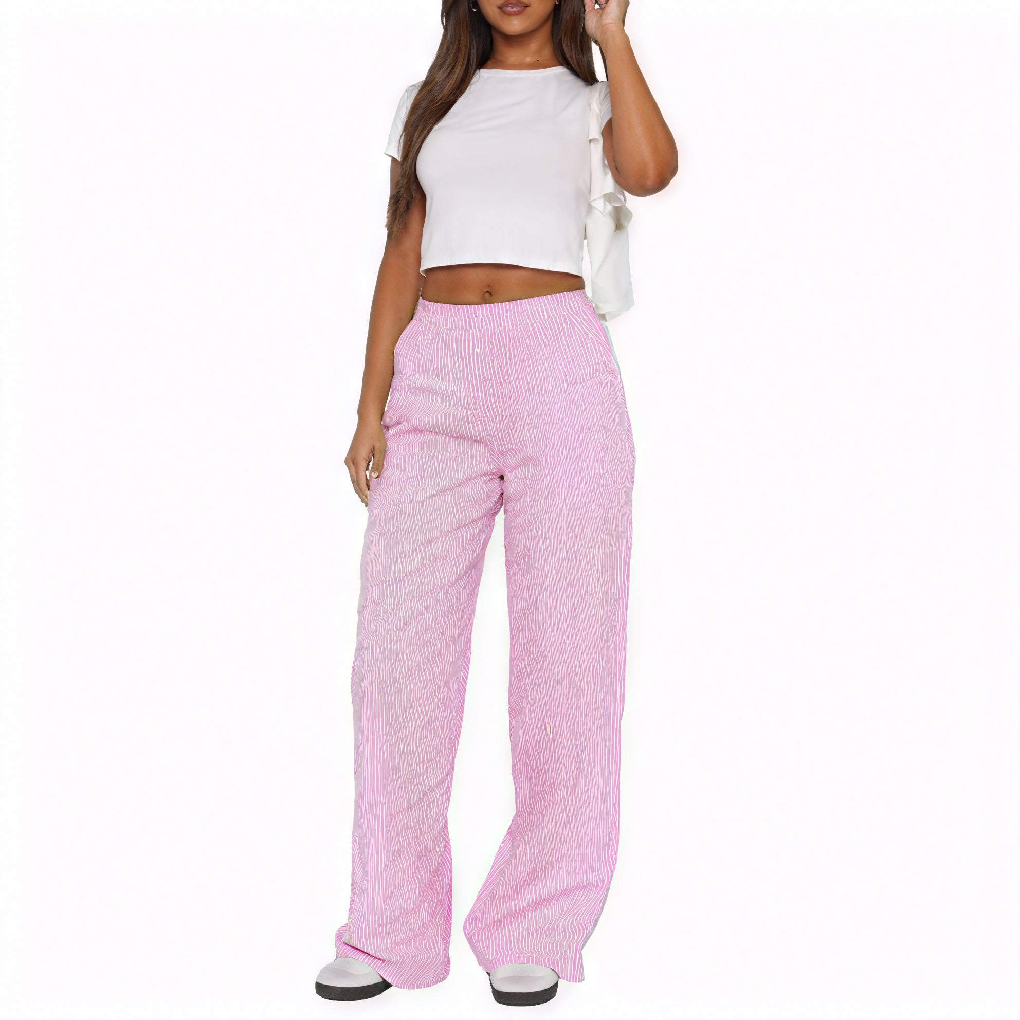 Pantalon Palazzo Rayé Taille Haute - Jambes Larges, Ceinture Élastique-Broeken-Marais Paris-Rose-XS-Marais Paris