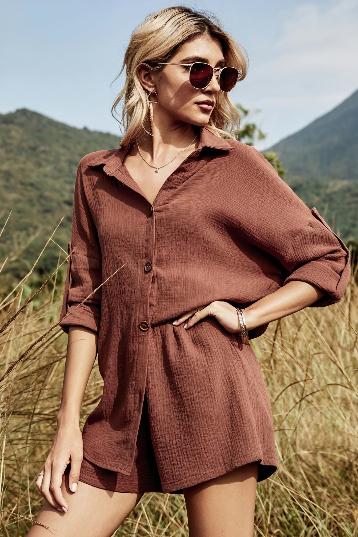 Ensemble Chemise et Short Texturé Femme - Coupe Décontractée, Taille Haute-Sets-Marais Paris-Marron-S-Marais Paris