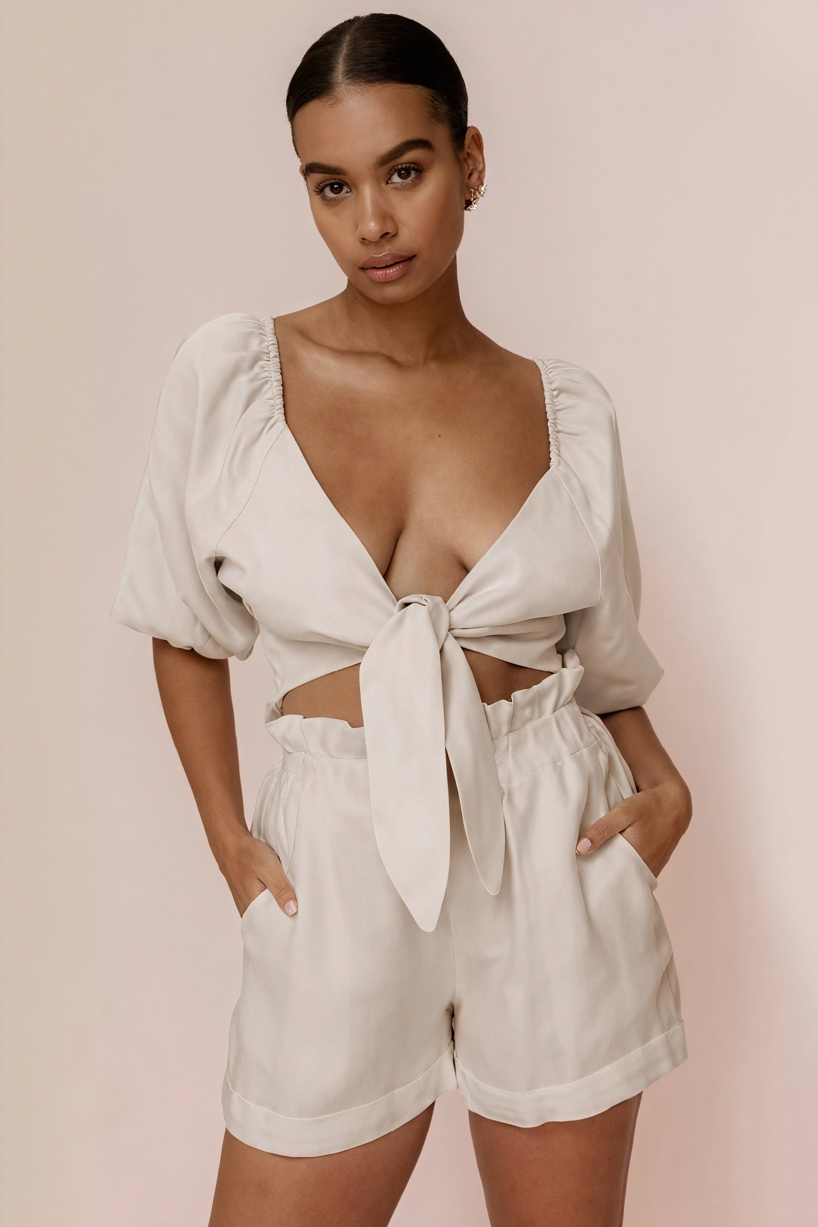 Haut Femme Noué Manches Bouffantes - Style Chic et Décontracté-Sets-Marais Paris-Khaki-S-Marais Paris