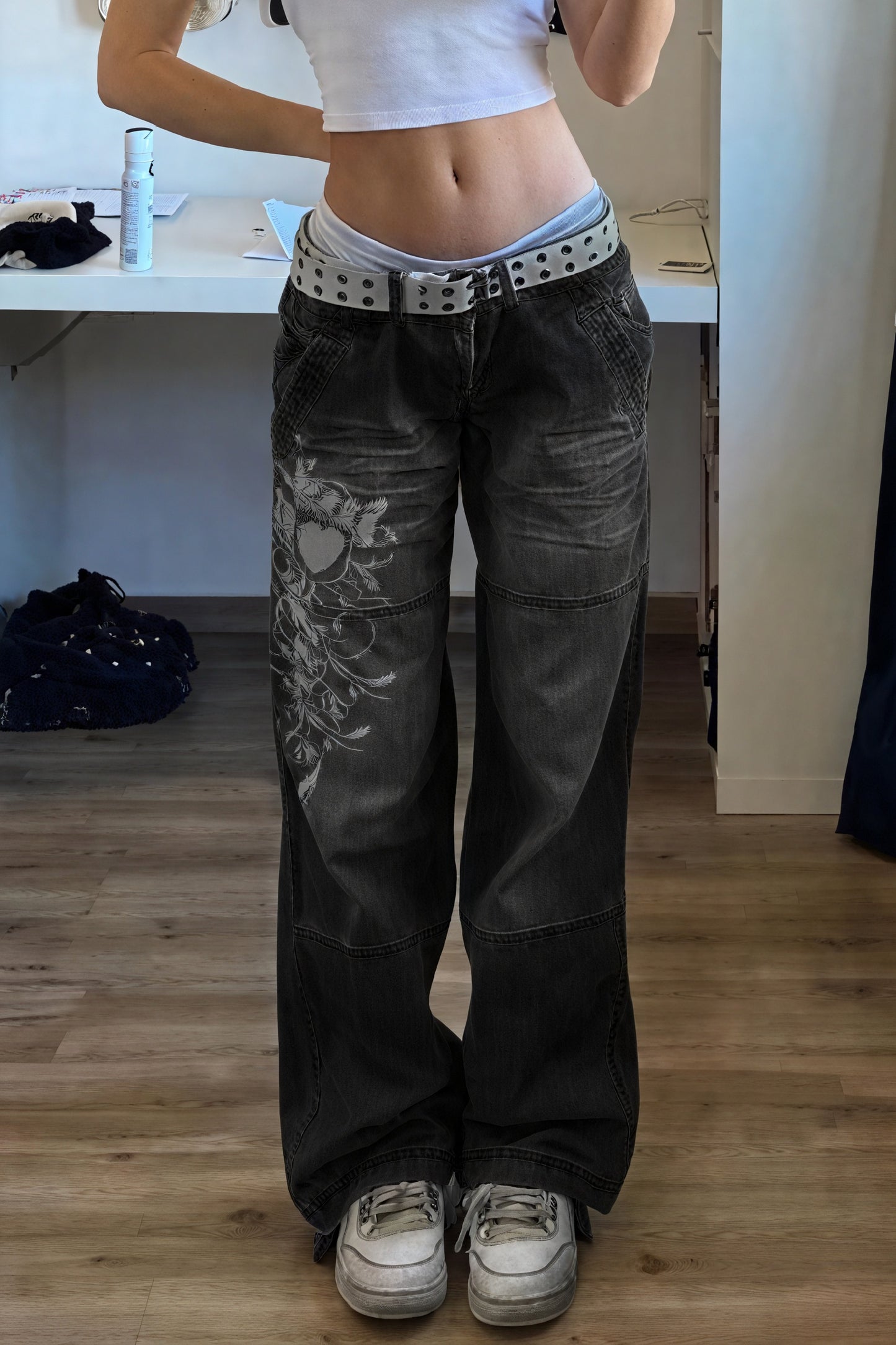 Jean Baggy Femme, Coupe Large, Motifs Floraux, Taille Haute-Pants-Marais Paris-Noir-S-Marais Paris