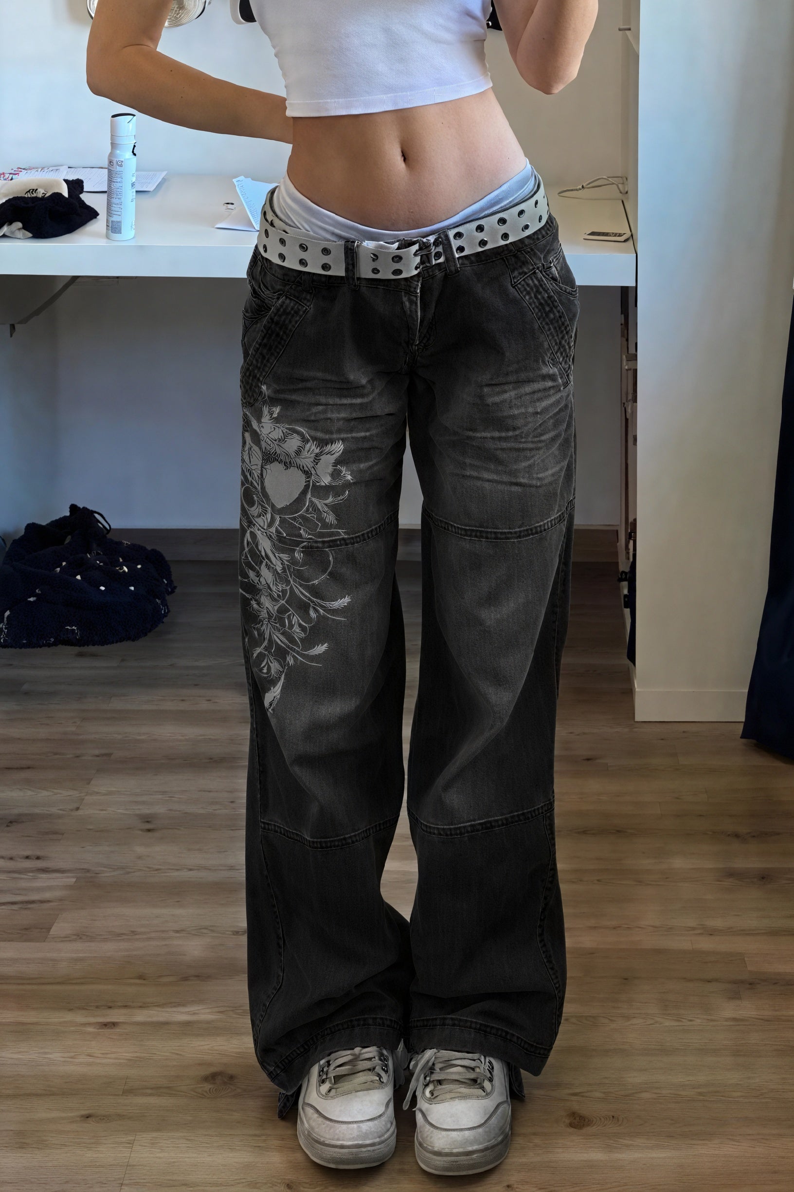 Jean Baggy Femme, Coupe Large, Motifs Floraux, Taille Haute-Pants-Marais Paris-Noir-S-Marais Paris